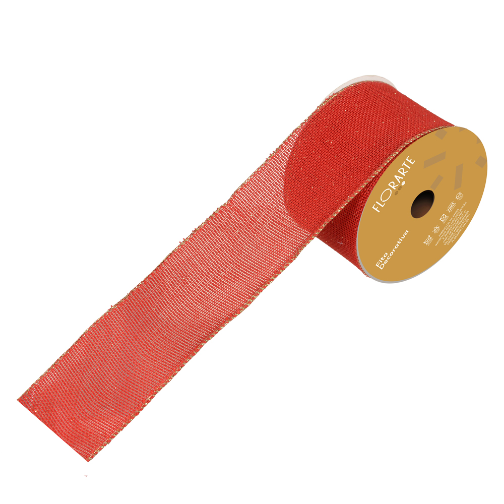 FITA ARAMADA JUTA C/ GLITTER C/COSTURA (VERMELHO DOURADO) 6,3cmX9,14m
