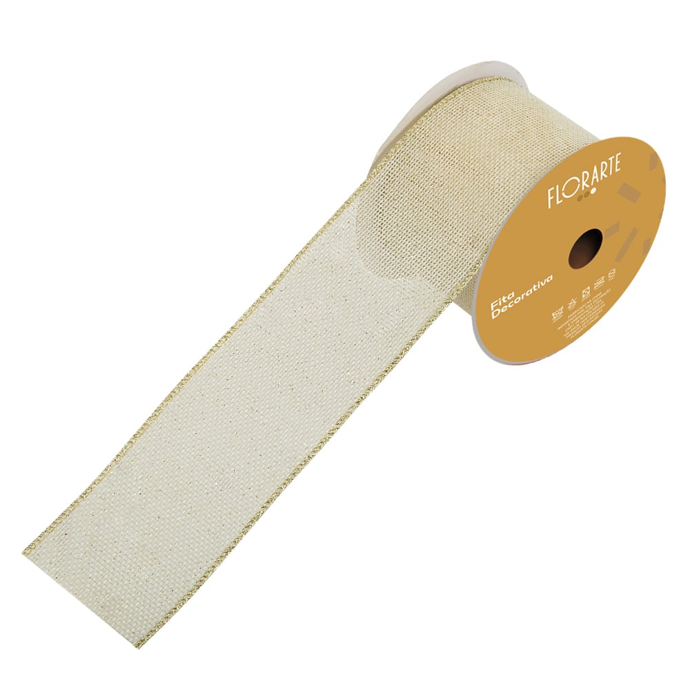 FITA ARAMADA JUTA C/ GLITTER C/COSTURA (BRANCO DOURADO) 6,3cmX9,14m