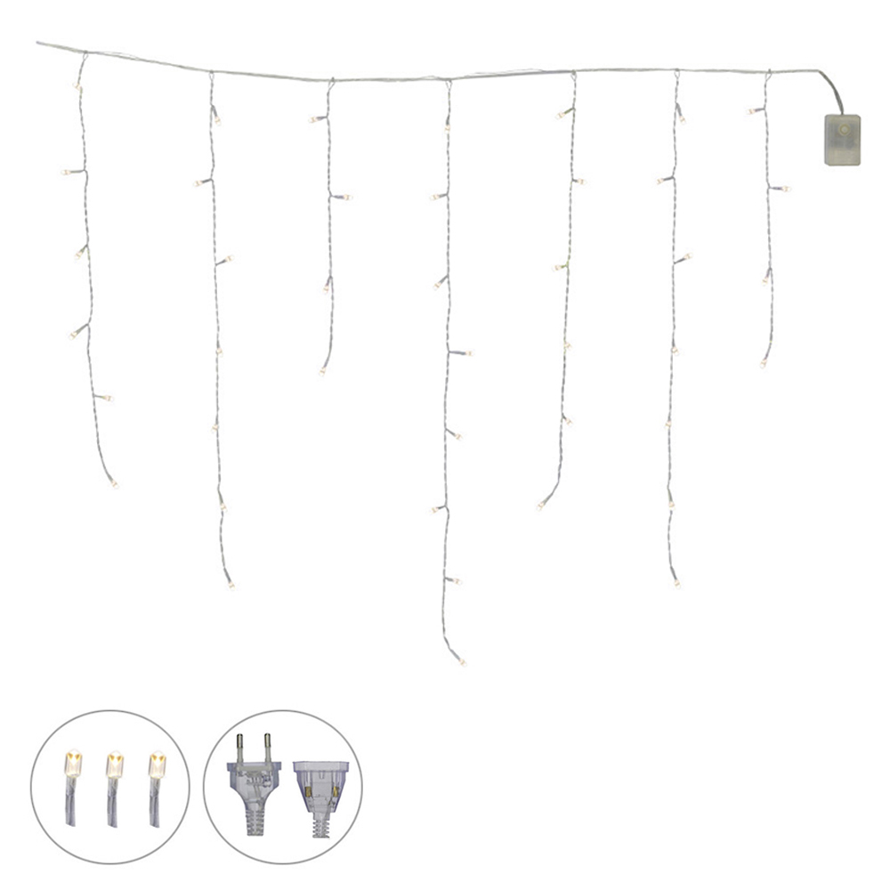 CASCATA 100 LED FIO PVC MACHO FEMEA C/8 FUNC 127V (BRANCO QUENTE) 70cmX2,75m