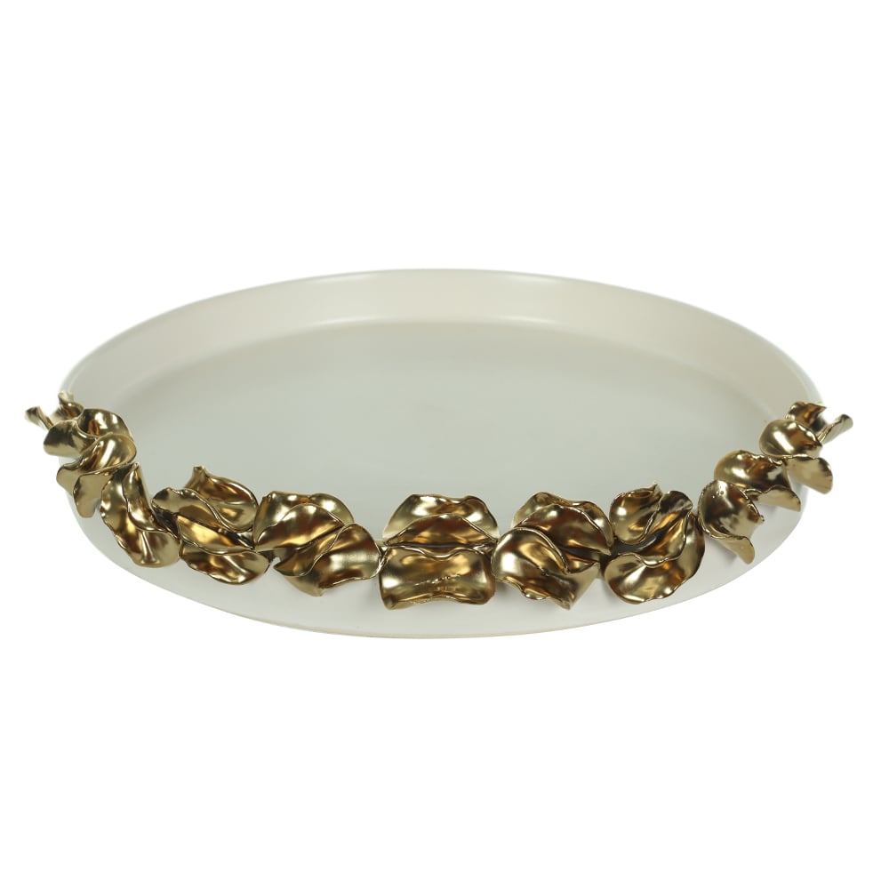 BANDEJA DECORATIVA CERAMICA COM APLICACAO FOLHAS (BRANCO DOURADO) 4,5X32,5X31cm