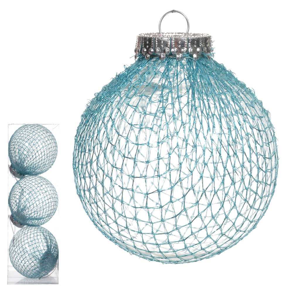 BOLA DECORADA NATAL C/3 UNID PVC (AZUL) 8cm