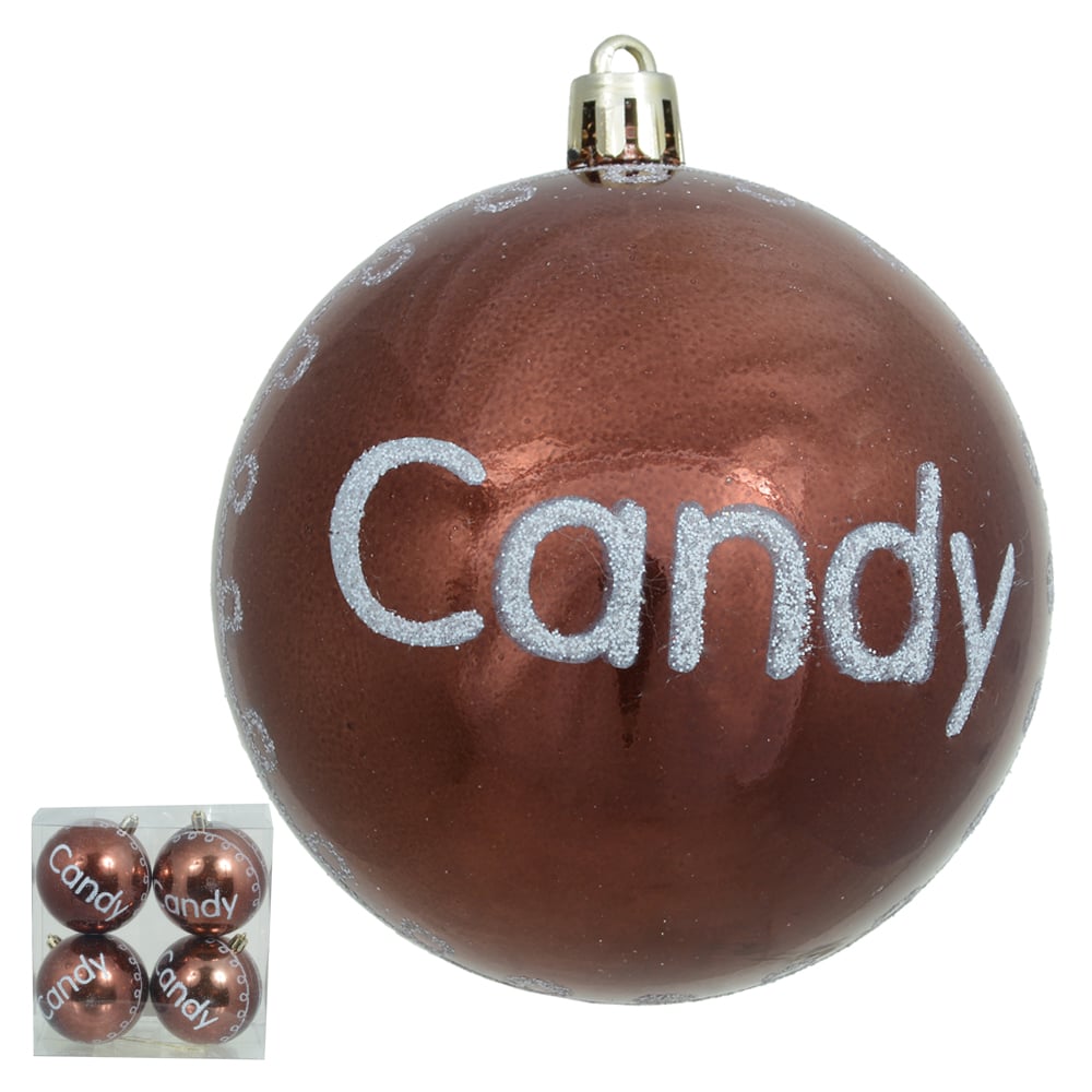 BOLA DECORADA NATAL PVC C/4 UND (MARROM BRANCO) 8cm