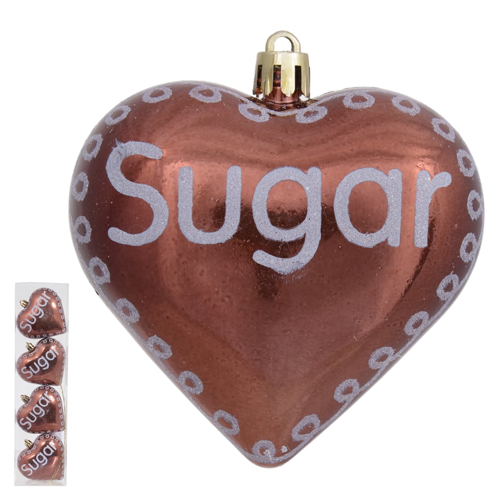 ENFEITE NATAL SUGAR CORACAO C/4 UNID PVC (MARROM BRANCO) 8cm