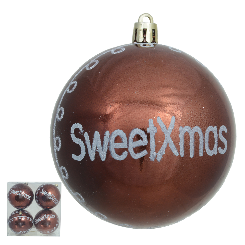 BOLA DECORADA SWEETXMAS NATAL PVC C/4 UND (MARROM) 8cm