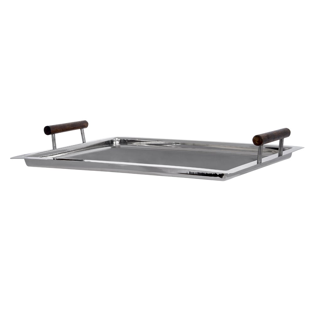 BANDEJA ACO INOX 3X35X46cm C/ ALCA MADEIRA (PRATA)