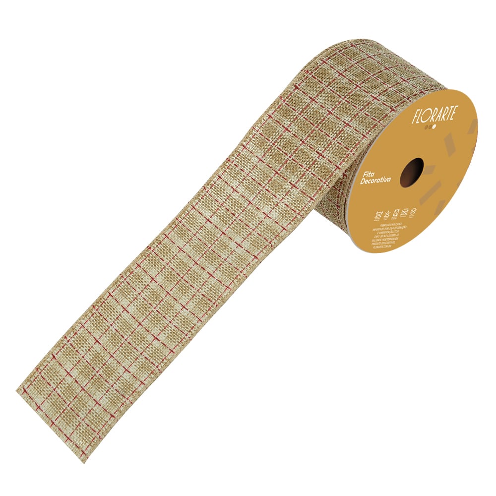 FITA ARAMADA TECIDO XADREZ C/COSTURA (BEGE VERMELHO) 6,3cmX9,14m