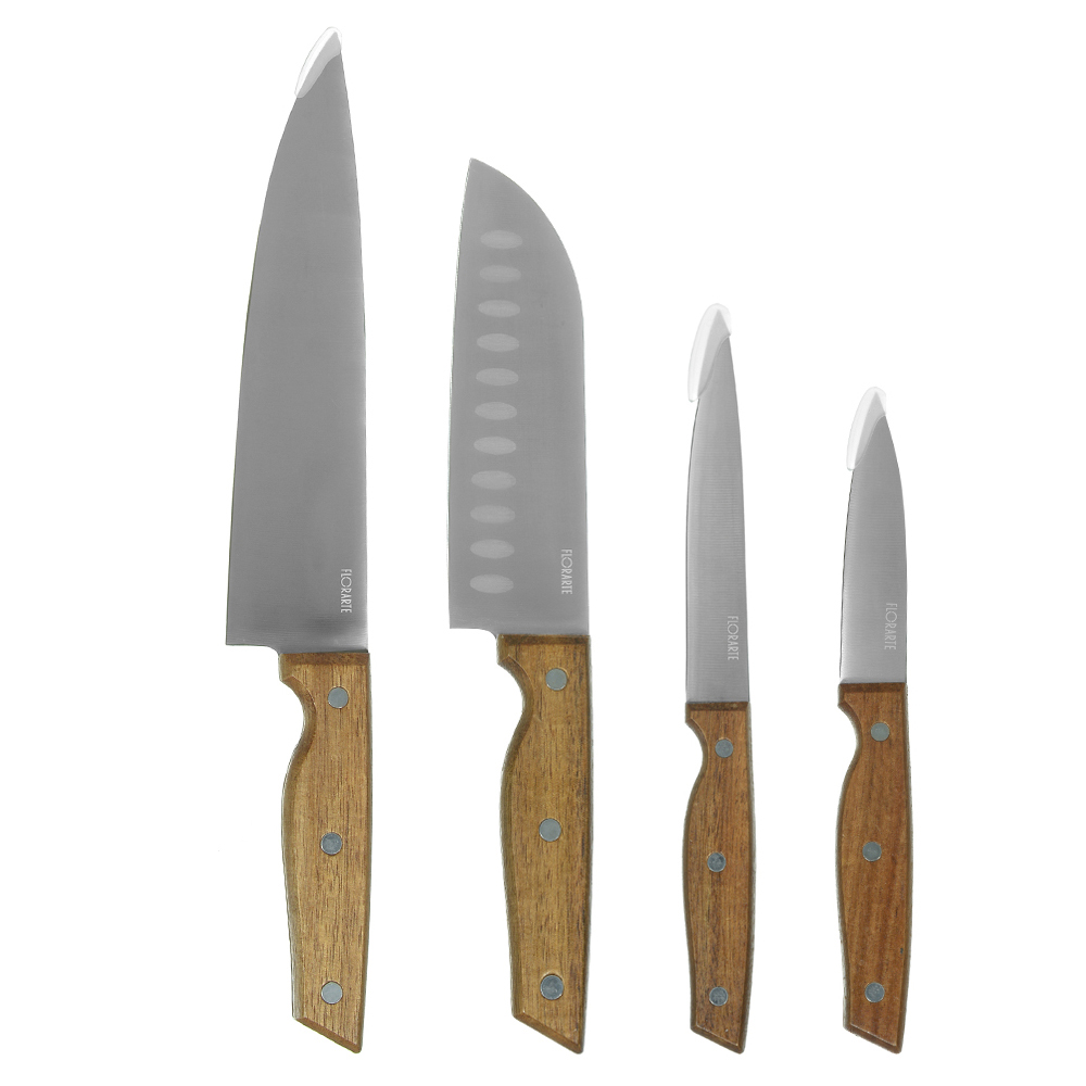 JOGO FACAS ACO INOX 33X23X8cm C/6 PCS C/TABUA E CEPO MADEIRA ACACIA (BEGE)