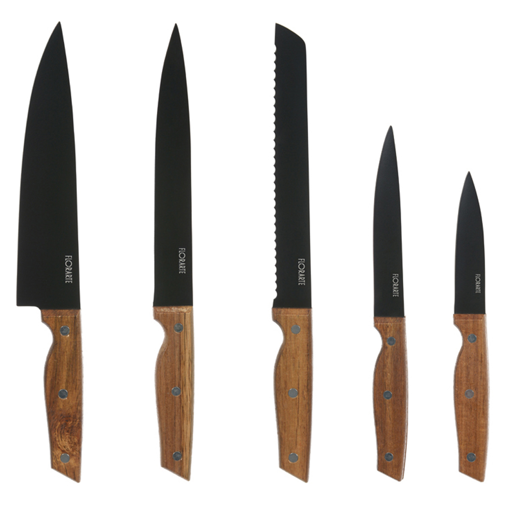 JOGO FACAS ACO INOX 25,5X9,5X23,5cm C/6 PCS CEPO MADEIRA ACACIA (BEGE)