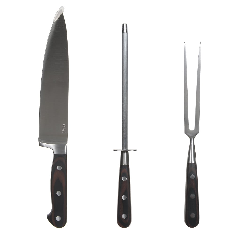 KIT CHURRASCO ACO INOX C/3 PECAS C/CABO MADEIRA PREMIUM (MARROM)