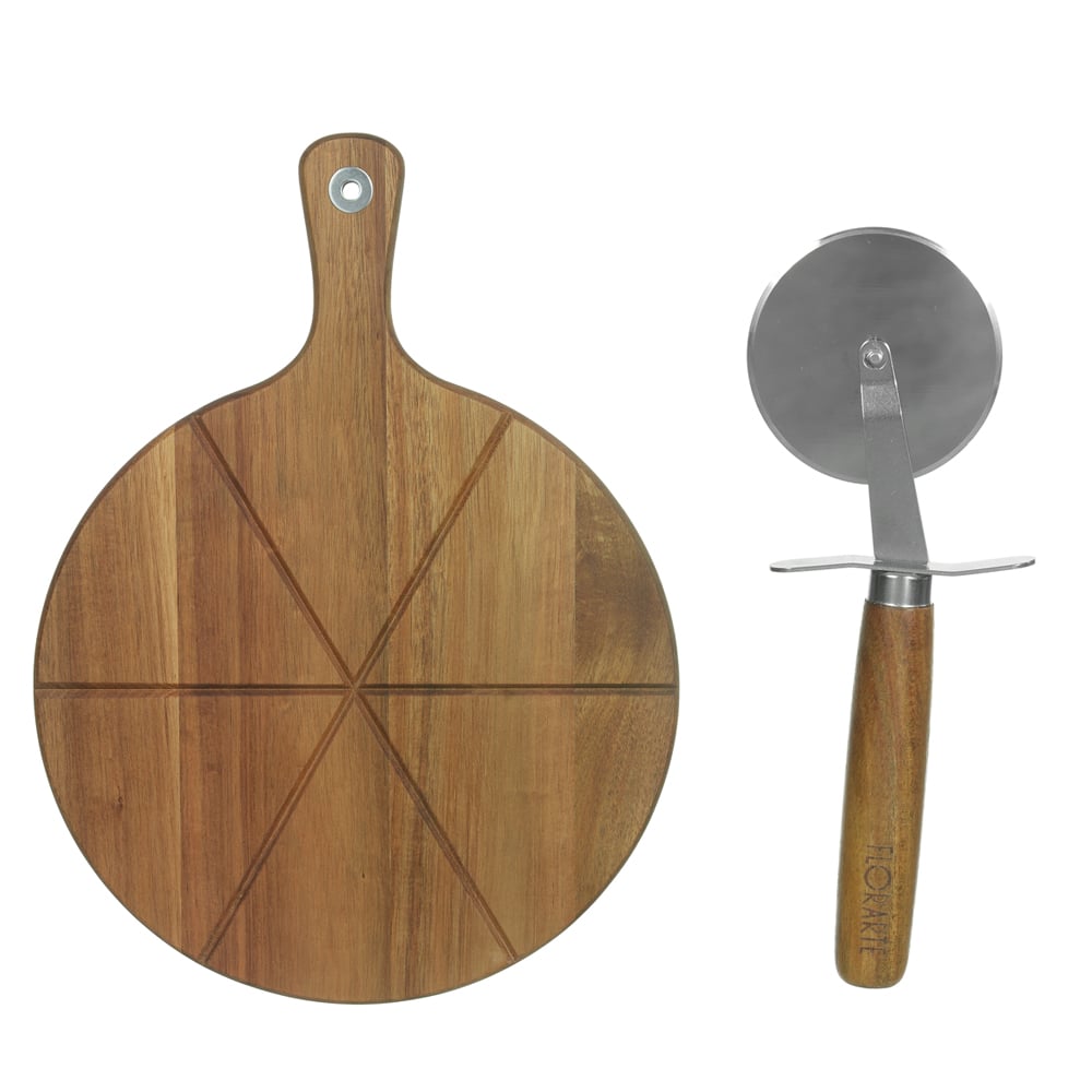 TABUA DE CORTE PIZZA MADEIRA 1,56X30X40cm C/ CORTADOR MADEIRA ACACIA (BEGE)