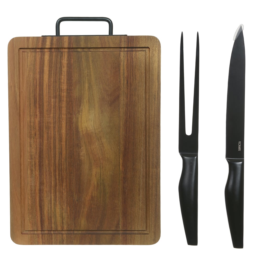 TABUA DE CORTE MD ACACIA 1,9X28X41,6cm C/FACA E GARFO ACO INOX (BEGE)