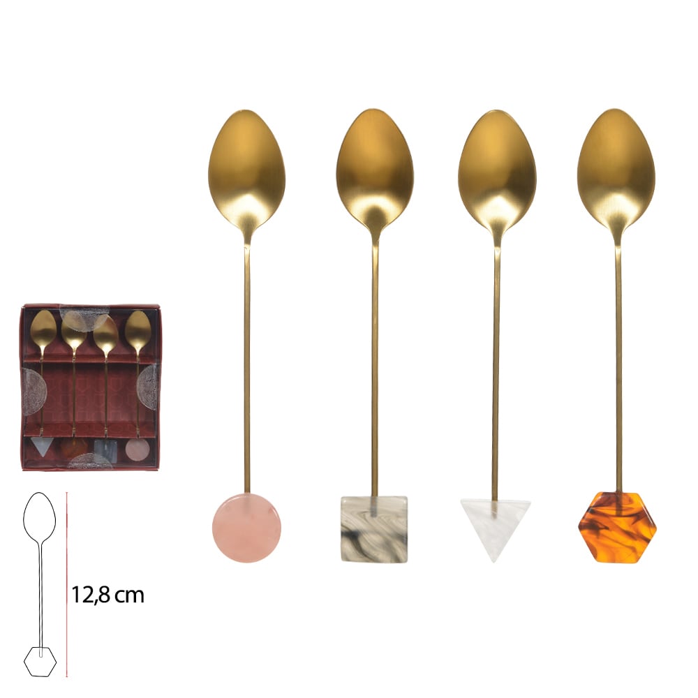 KIT COLHERES DE CHA ACO INOX 18/10 C/4 PECAS PEDRAS PRECIOSAS (DOURADO)