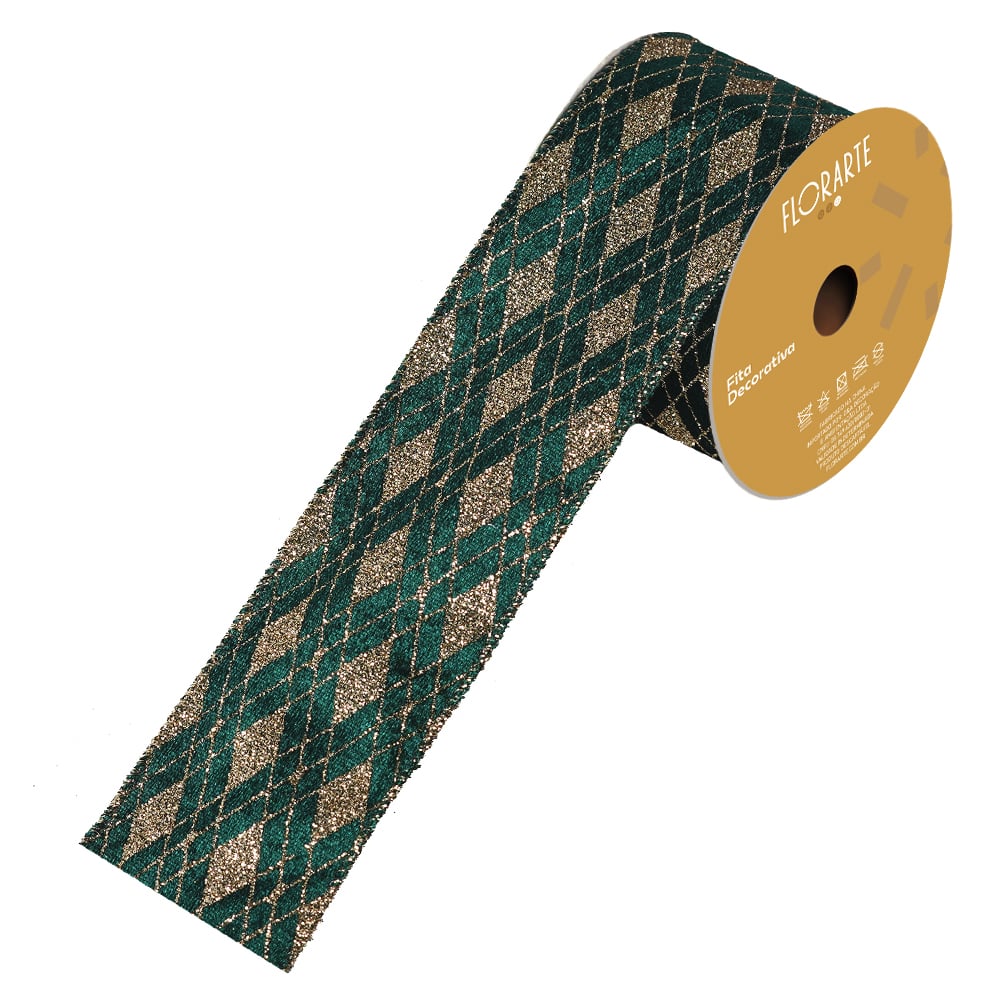 FITA ARAMADA VELUDO C/ COSTURA C/GLITTER (VERDE CHAMPANHE) 6,3cmX9,14m