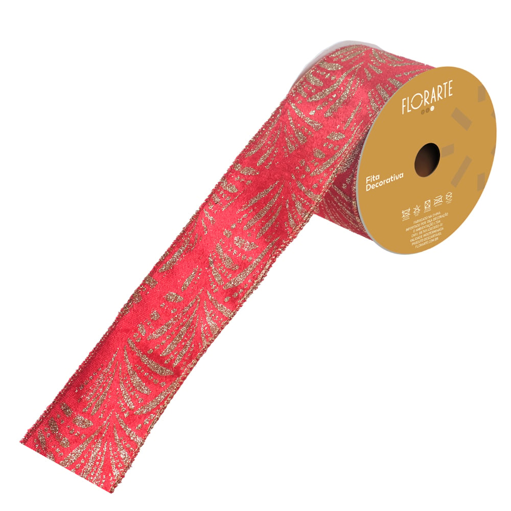 FITA ARAMADA VELUDO C/ COSTURA C/GLITTER (VERMELHO DOURADO) 6,3cmX9,14m