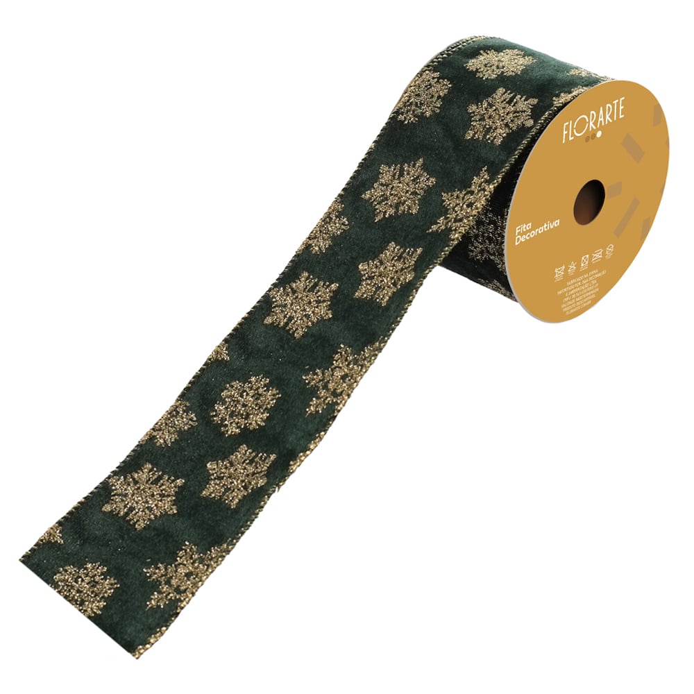 FITA ARAMADA VELUDO C/ COSTURA C/GLITTER (VERDE DOURADO) 6,3cmX9,14m