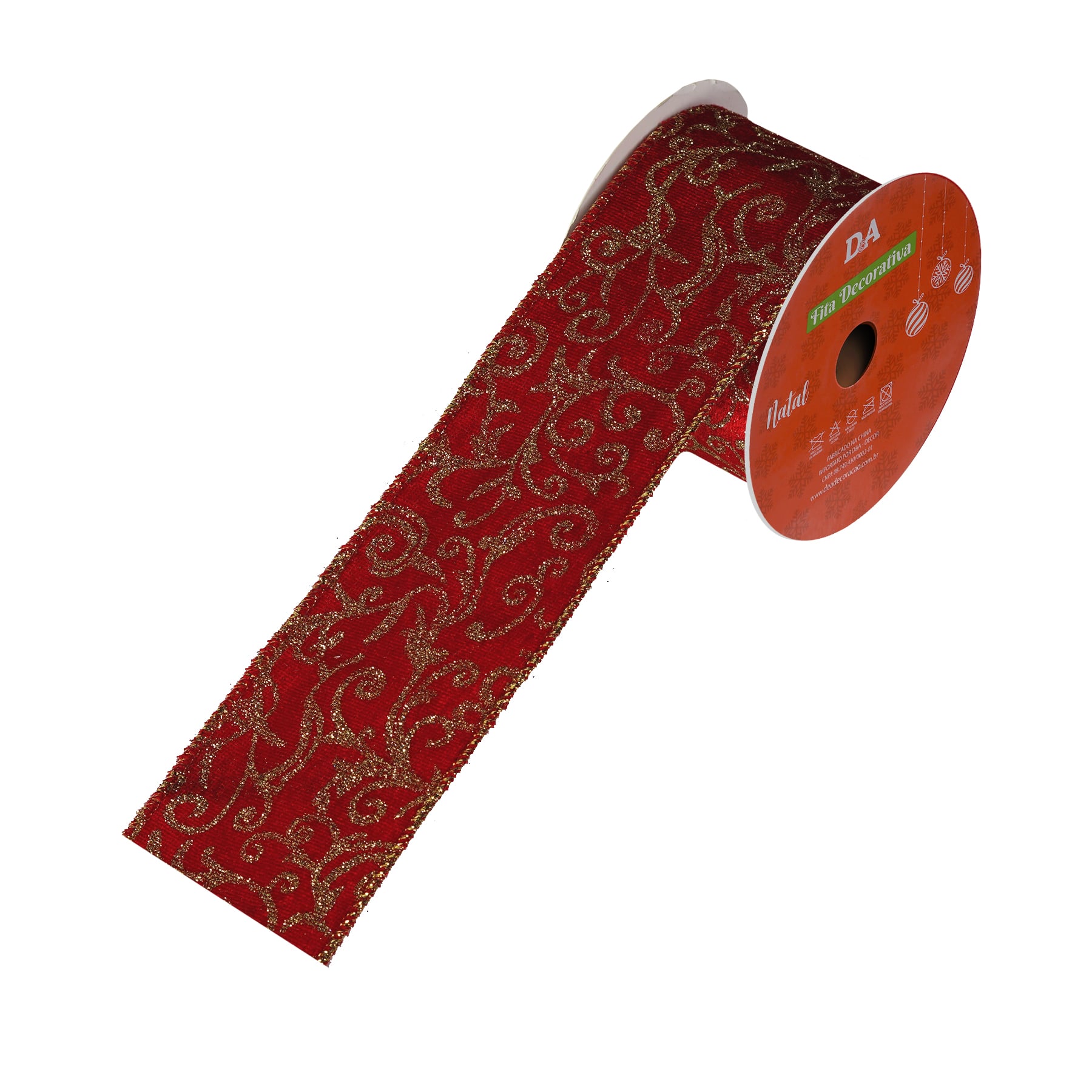 FITA ARAMADA VELUDO C/ COSTURA C/GLITTER (VERMELHO DOURADO) 6,3cmX9,14m