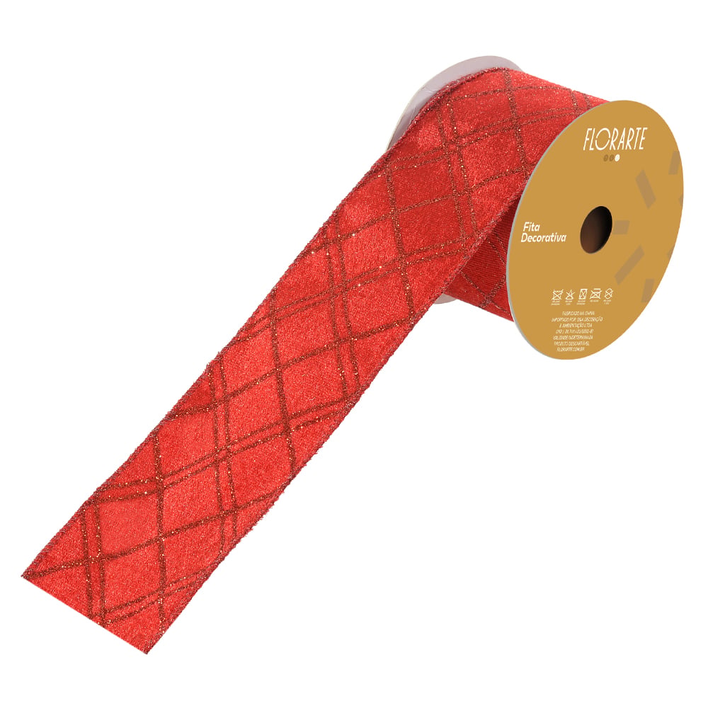 FITA ARAMADA VELUDO C/ COSTURA C/GLITTER (VERMELHO) 6,3cmX9,14m
