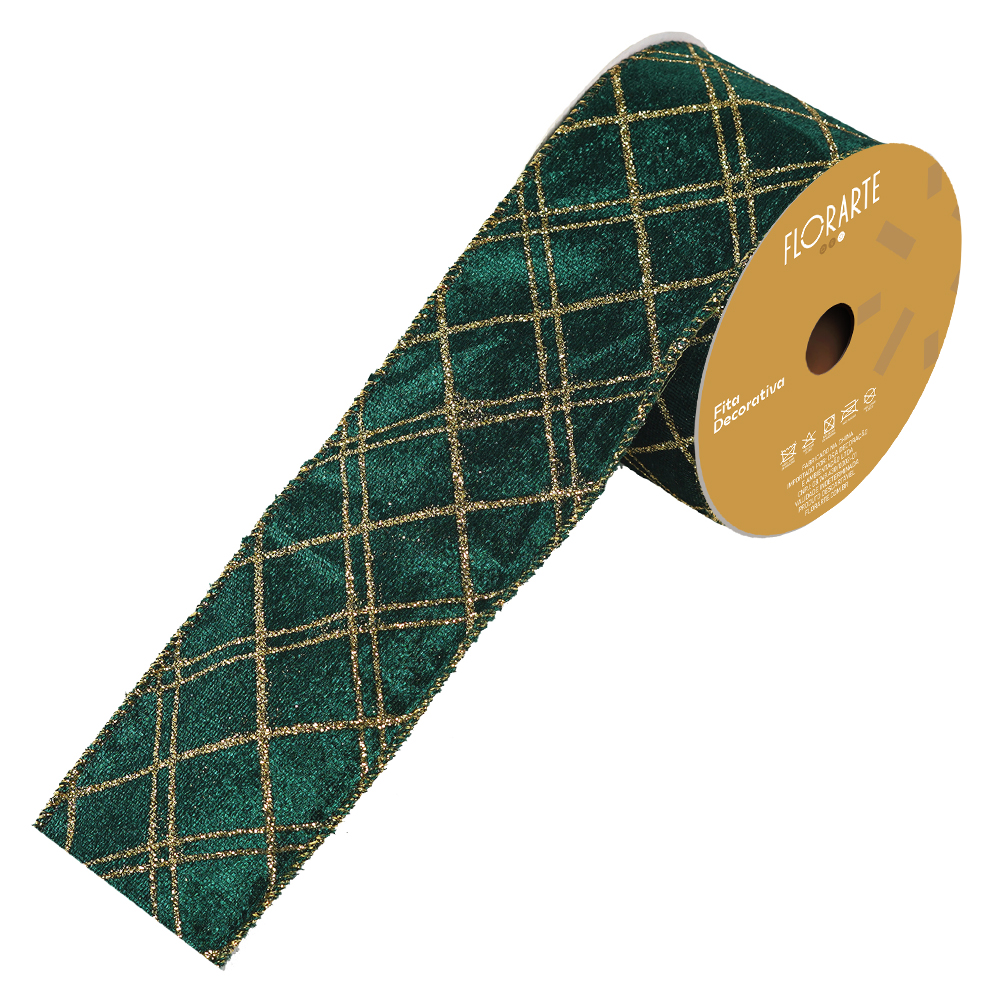FITA ARAMADA VELUDO C/ COSTURA C/GLITTER (VERDE DOURADO) 6,3cmX9,14m
