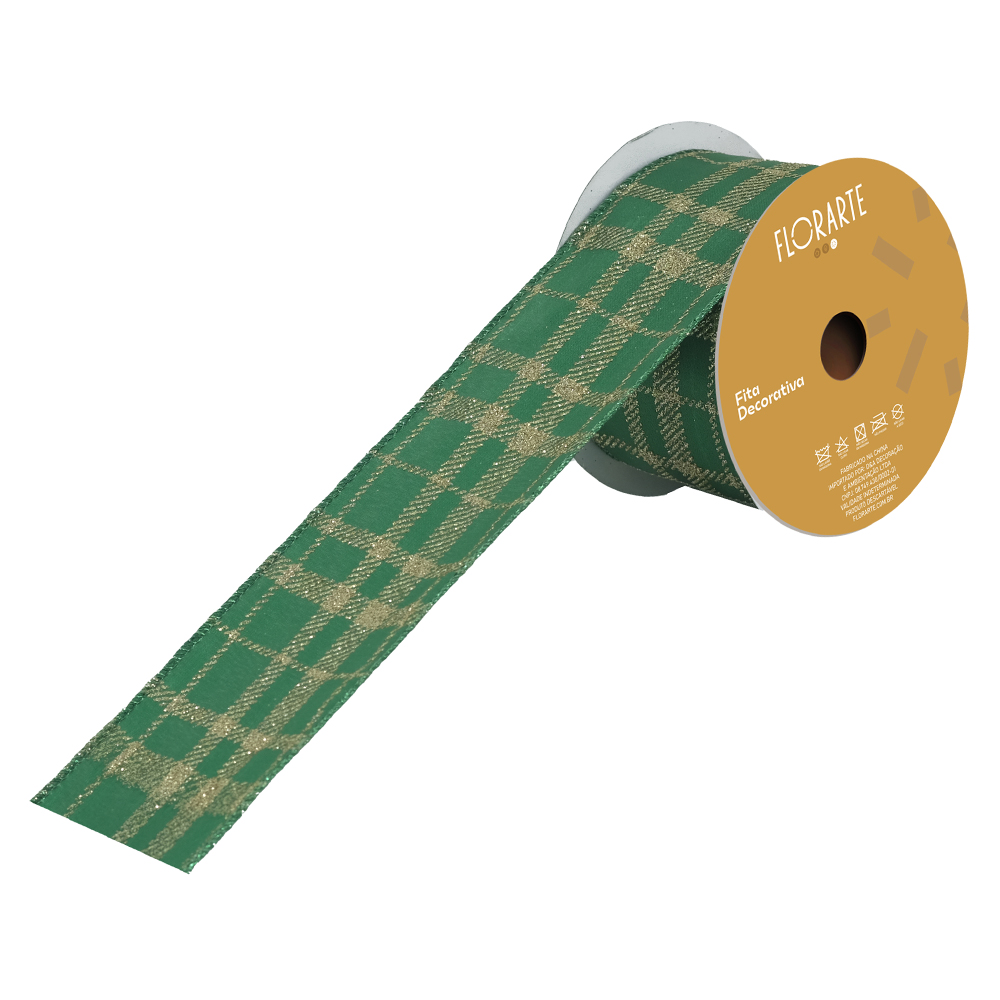 FITA ARAMADA CETIM C/ GLITTER C/COSTURA (VERDE DOURADO) 6,3cmX9,14m