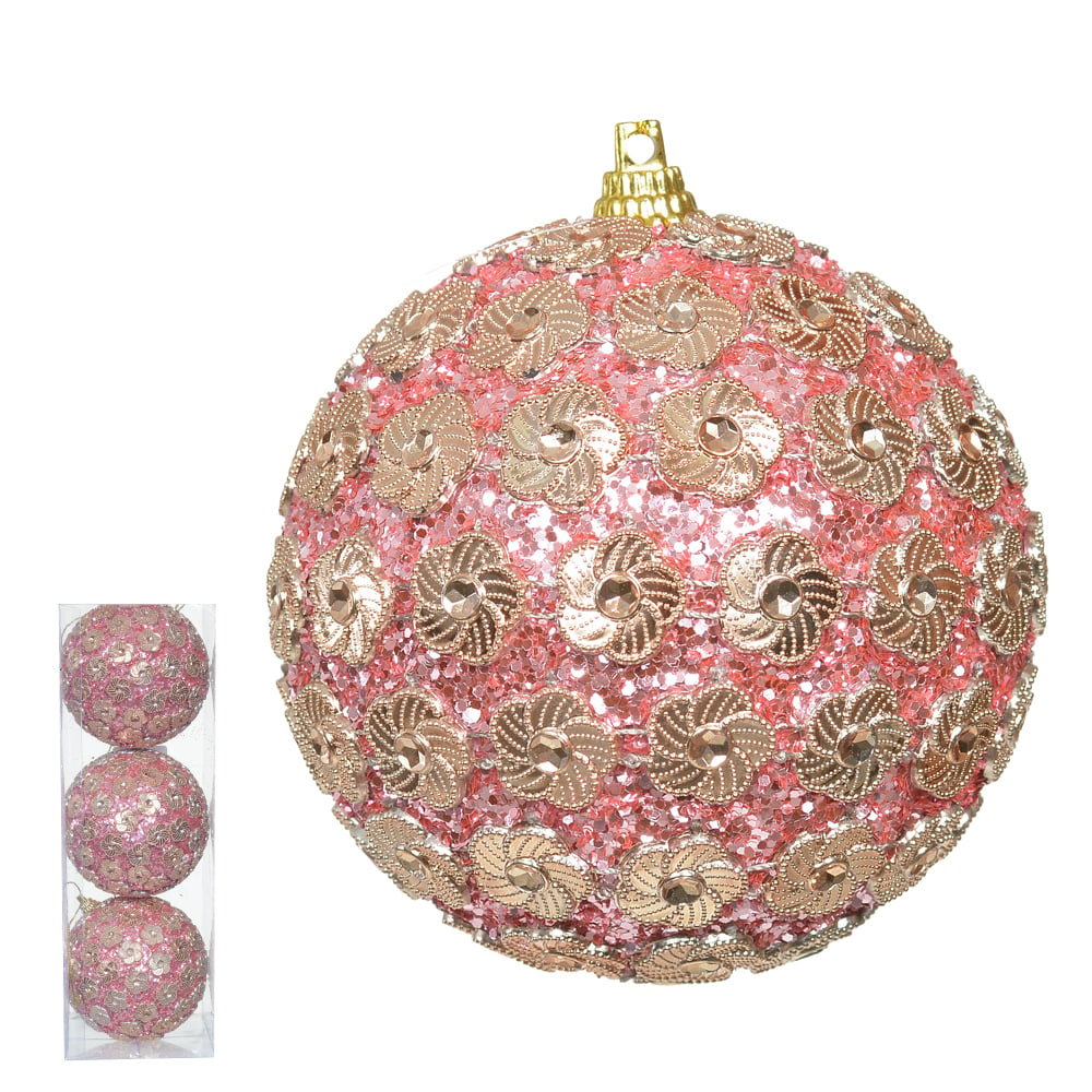 BOLA DECORADA NATAL C/3 UND PVC (ROSA CLARO) 8cm