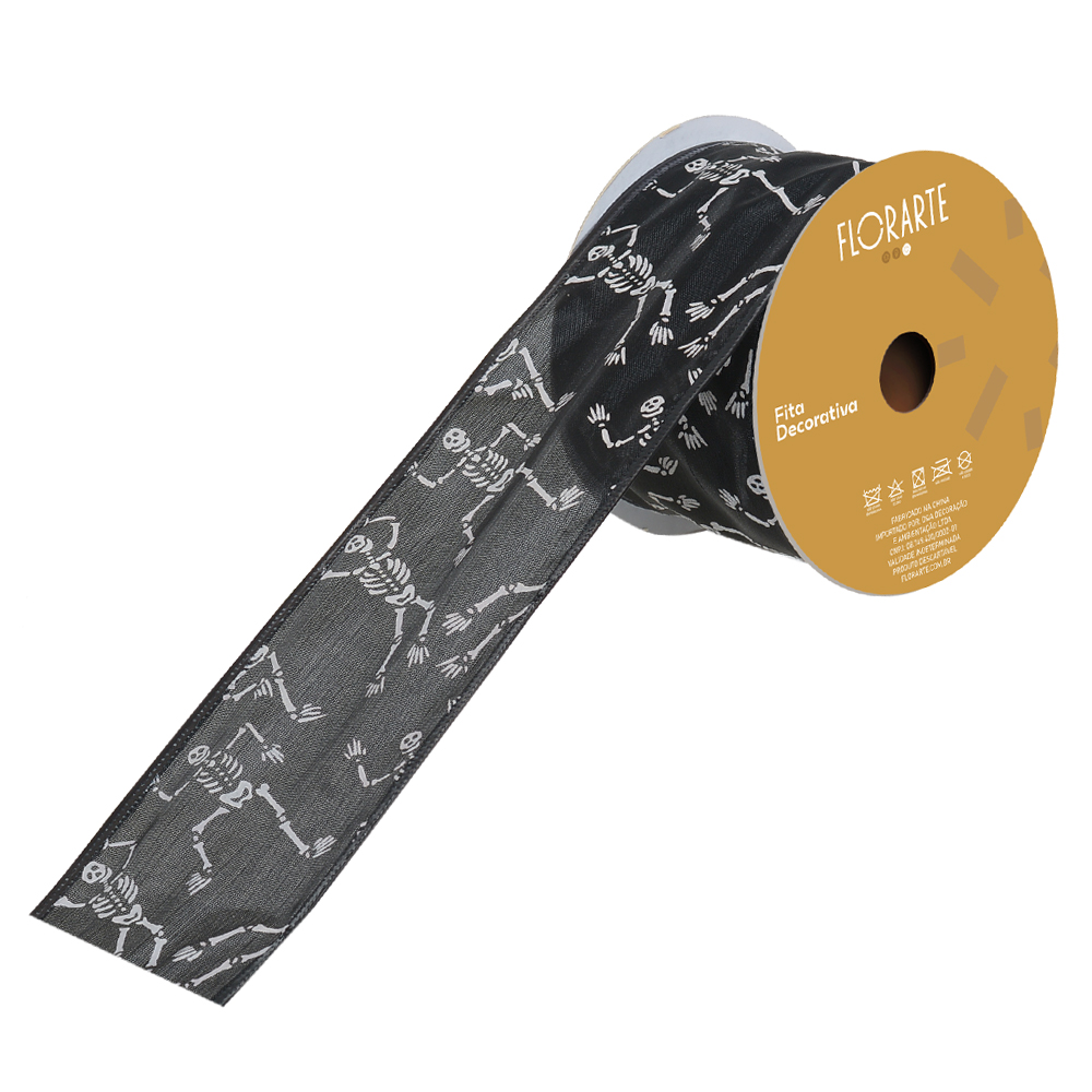 FITA ARAMADA POLIESTER CAVEIRINHAS C/COSTURA (PRETO BRANCO) 6,3cmX9,14m