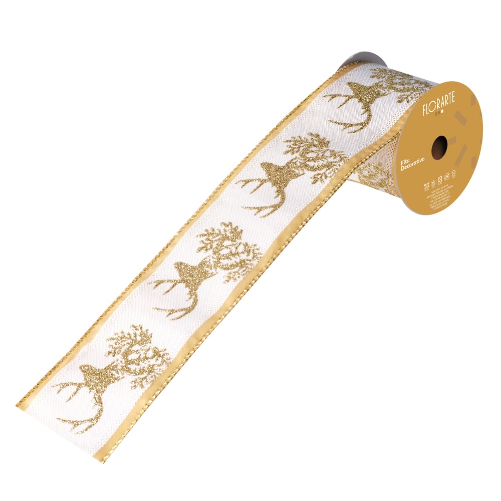 FITA ARAMADA LINHO CETIM C/COSTURA (BRANCO DOURADO) 6,3cmX9,14m