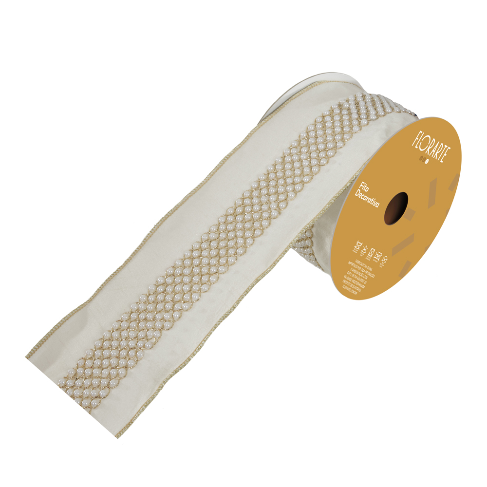 FITA ARAMADA TECIDO POLIESTER C/COSTURA (BRANCO DOURADO) 10cmX4,57m