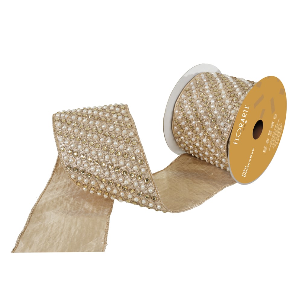 FITA ARAMADA TECIDO POLIESTER C/COSTURA (DOURADO PEROLA) 7,5cmX4,57m