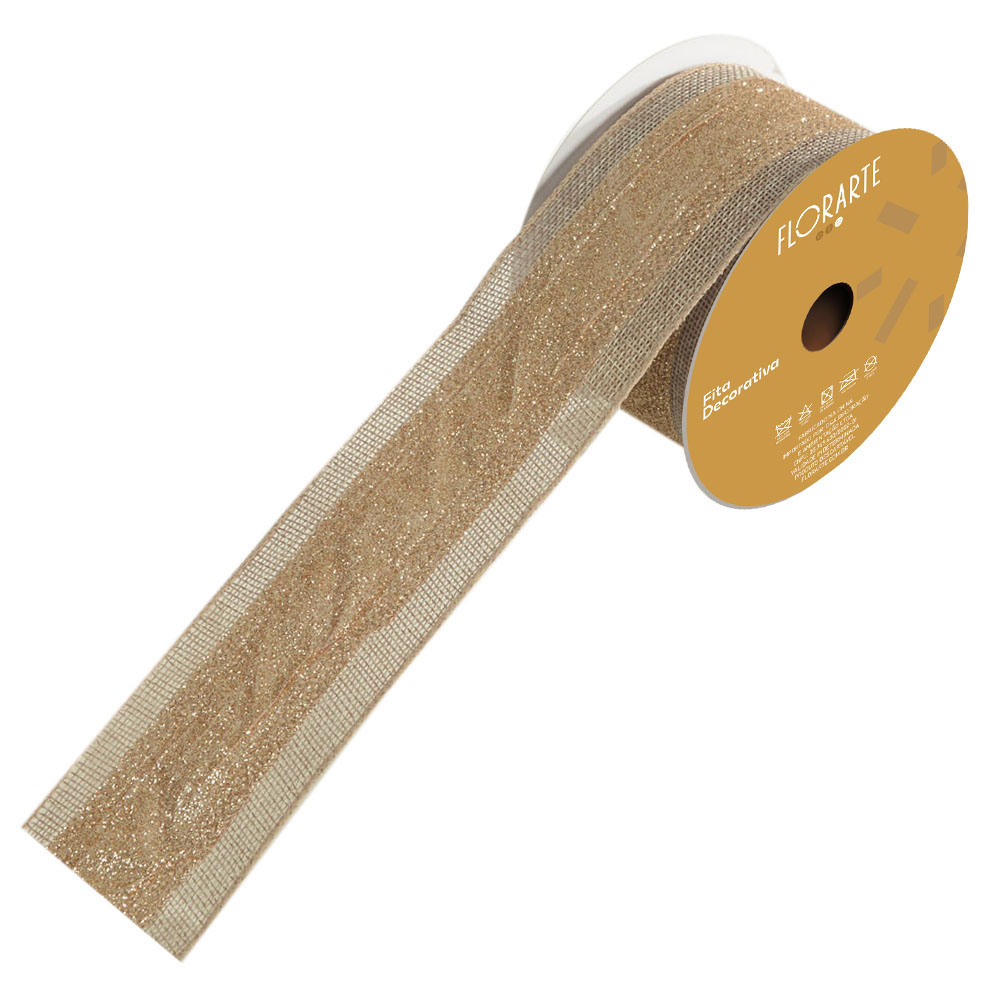 FITA ARAMADA JUTA C/CENTRO GLITTER (BEGE CHAMPANHE) 6,3cmX9,14m