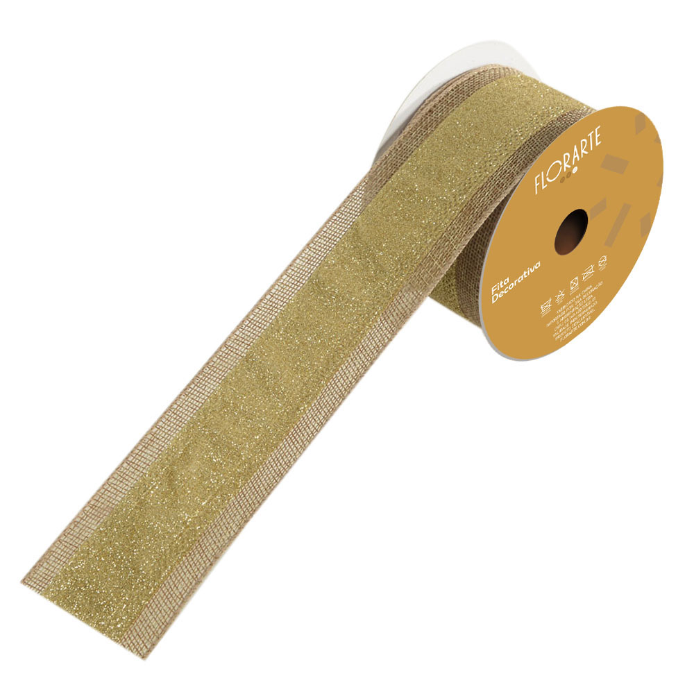 FITA ARAMADA JUTA C/CENTRO GLITTER (BEGE DOURADO) 6,3cmX9,14m
