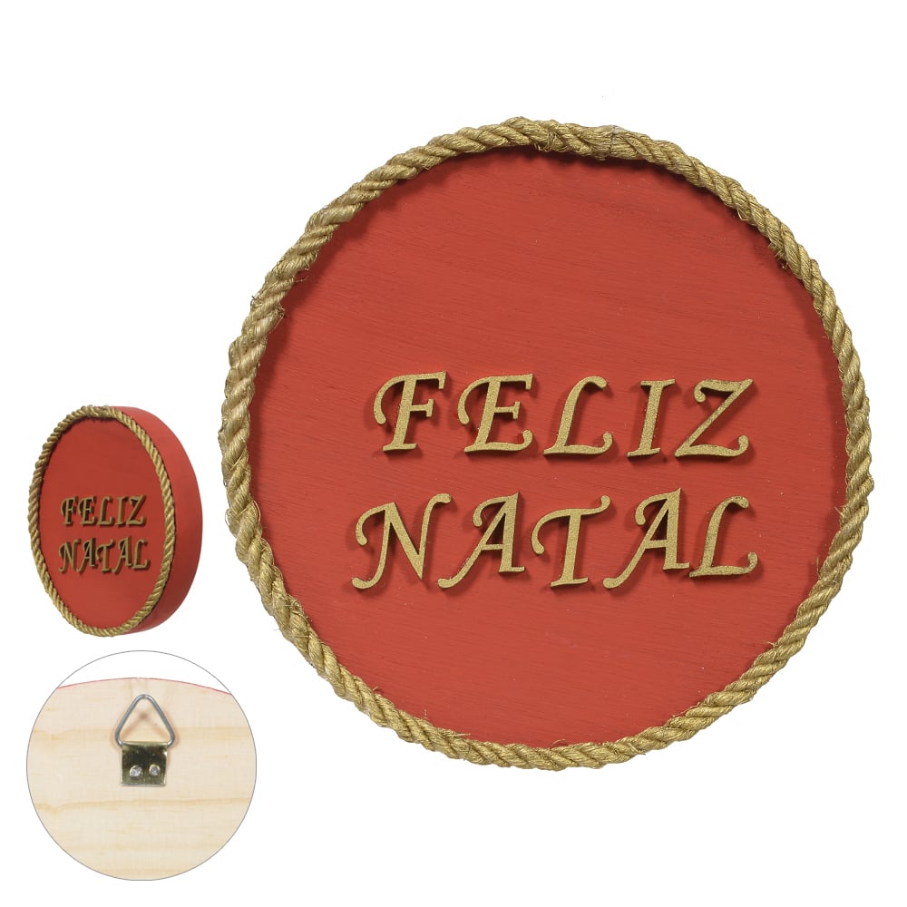 PLACA FELIZ NATAL RUSTIC C/CORDA (VERMELHO) 14CM