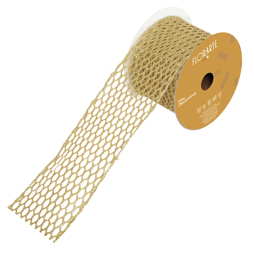 FITA ARAMADA TELA C/ GLITTER C/COSTURA (DOURADO) 6,3cmX9,14m