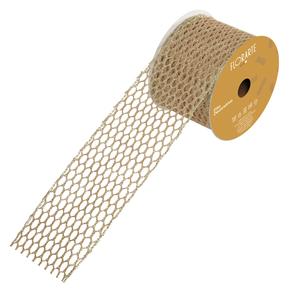 FITA ARAMADA TELA C/ GLITTER C/COSTURA (CHAMPANHE) 6,3cmX9,14m