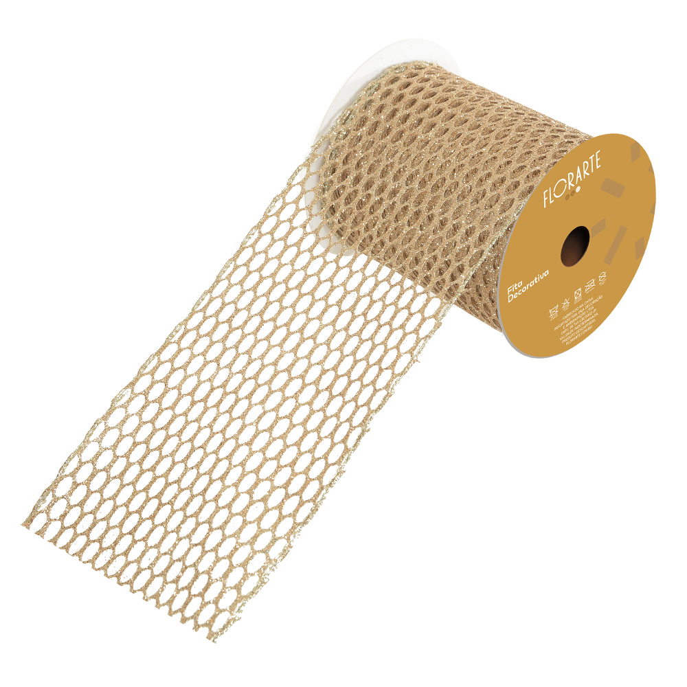 FITA ARAMADA TELA C/ GLITTER C/COSTURA (CHAMPANHE) 10cmX9,14m