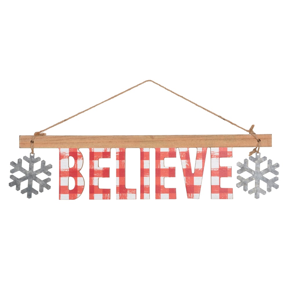 PLACA  DECORATIVA NATAL BELIEVE 10X39,5cm (VERMELHO)