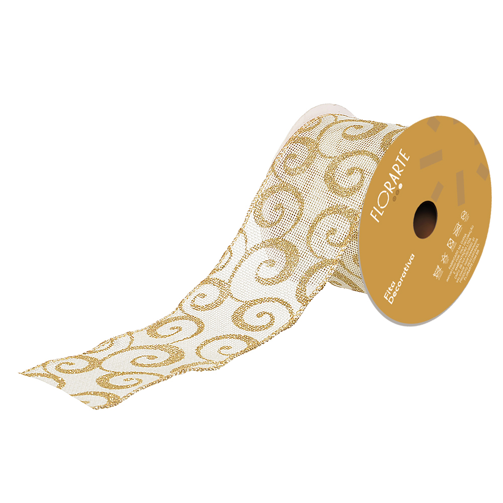 FITA ARAMADA JUTA C/ GLITTER C/COSTURA (BEGE DOURADO) 6,3cmX9,14m