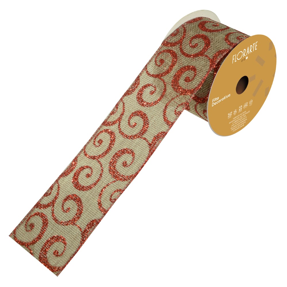 FITA ARAMADA JUTA C/ GLITTER C/COSTURA (BEGE VERMELHO) 6,3cmX9,14m