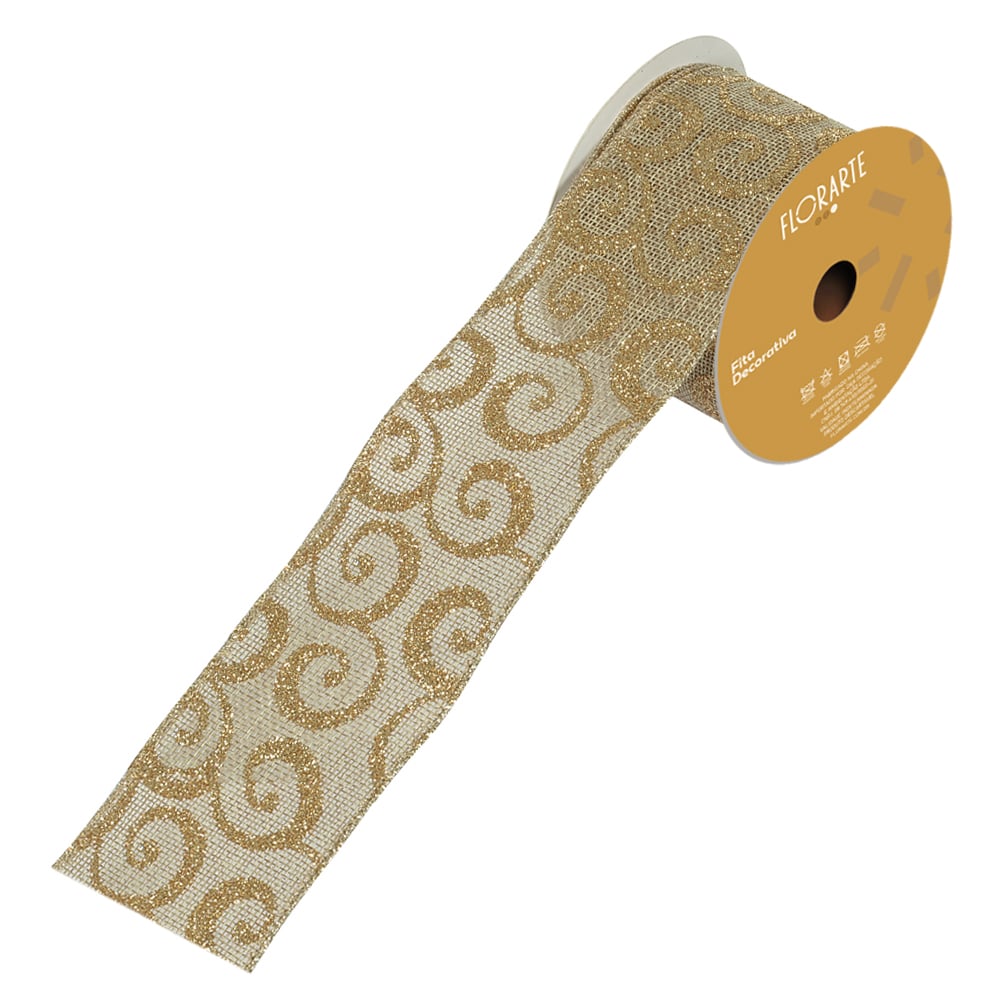 FITA ARAMADA JUTA C/ GLITTER C/COSTURA (BEGE CHAMPANHE) 6,3cmX9,14m