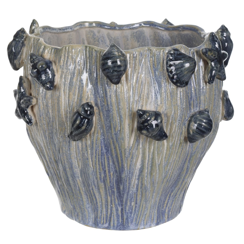 VASO DECORATIVO CERAMICA COM APLICACOES CONCHAS (BRANCO AZUL) 24cm 29,5d