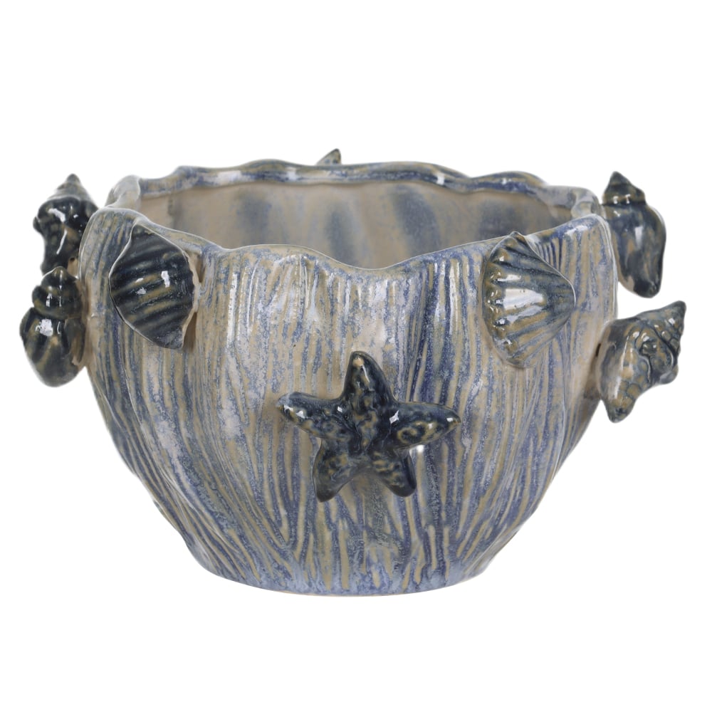 VASO DECORATIVO CERAMICA COM APLICACOES CONCHAS (BRANCO AZUL) 15cm 25d