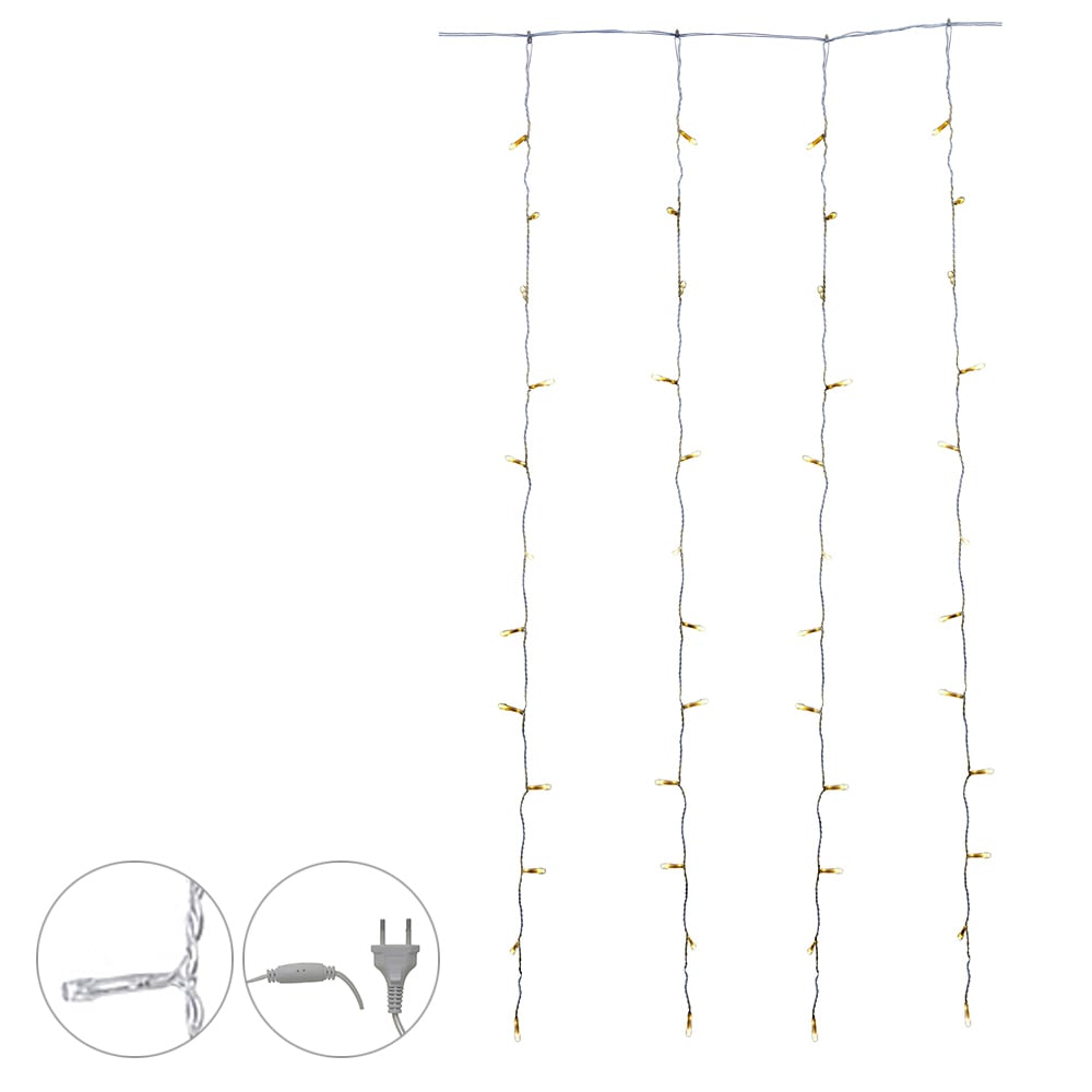 CORTINA 900 LED FIO PVC LUZ FIXA MACHO FEMEA 127V (BRANCO QUENTE) 3X4m