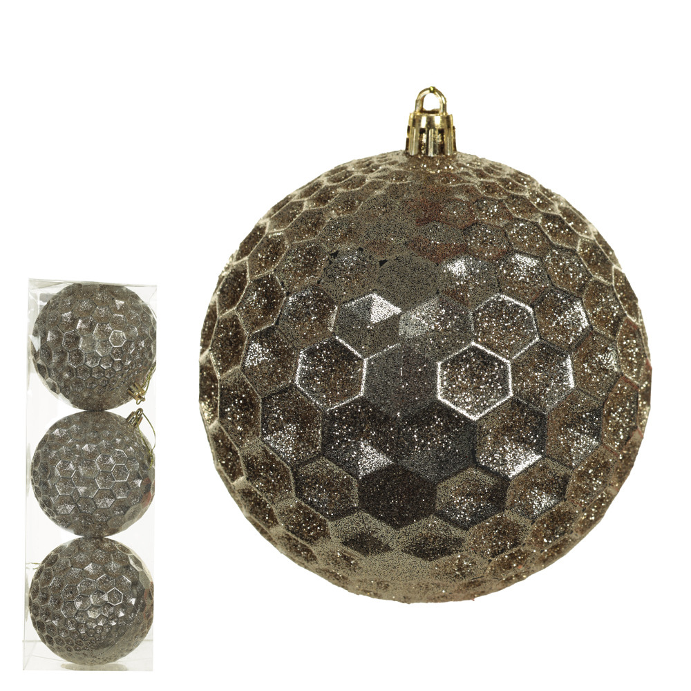 BOLA DECORADA NATAL C/3 PVC (CHAMPANHE) 10cm