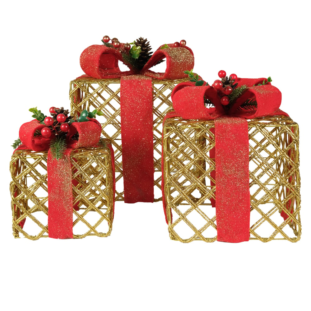 NATAL  CONJUNTO PRESENTES DECORATIVOS C/ 3 UND 25cm (DOURADO VERMELHO)