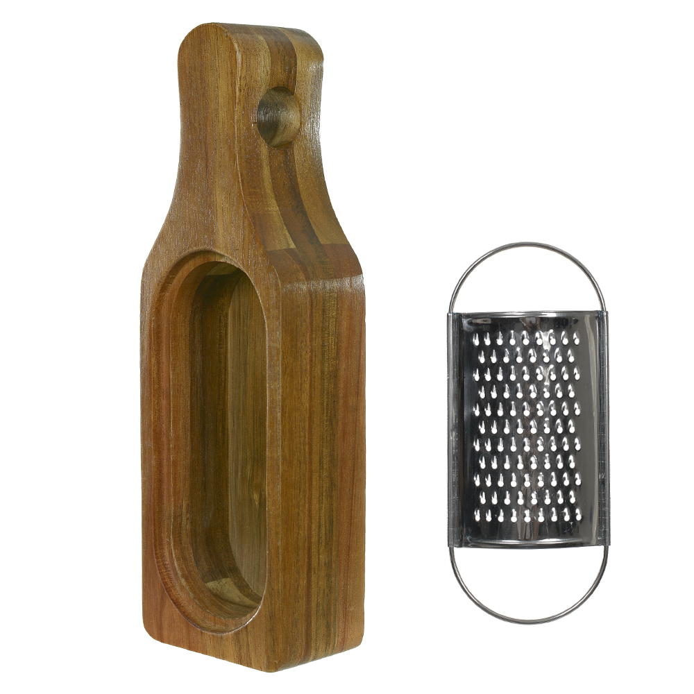 RALADOR DE MESA ACO INOX 4,5X23X7,5cm C/ RECIPIENTE MADEIRA ACACIA (BEGE)