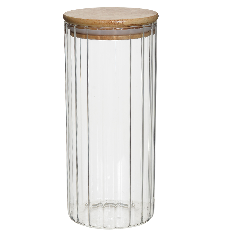 POTE VIDRO BORO 1000ml 20X9cm CANELADO TAMPA BAMBO (TRANSPARENTE)