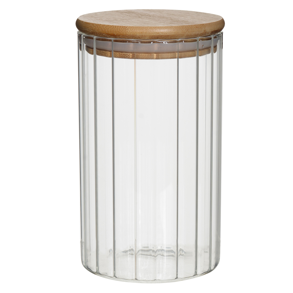 POTE VIDRO BORO 750ml 15X9cm CANELADO TAMPA BAMBO (TRANSPARENTE)