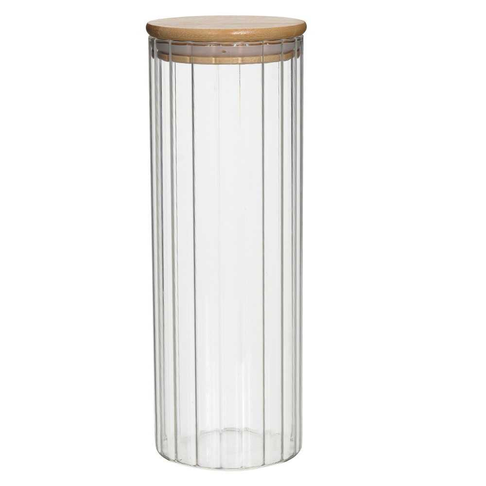 POTE VIDRO BORO 1300ml 25X9cm CANELADO TAMPA BAMBO (TRANSPARENTE)