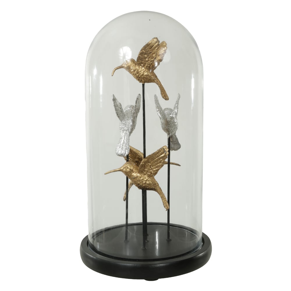 ESCULTURA DECORATIVA POLIRESINA REDOMA PASSAROS (DOURADO PRATA) 32cm 17,5d