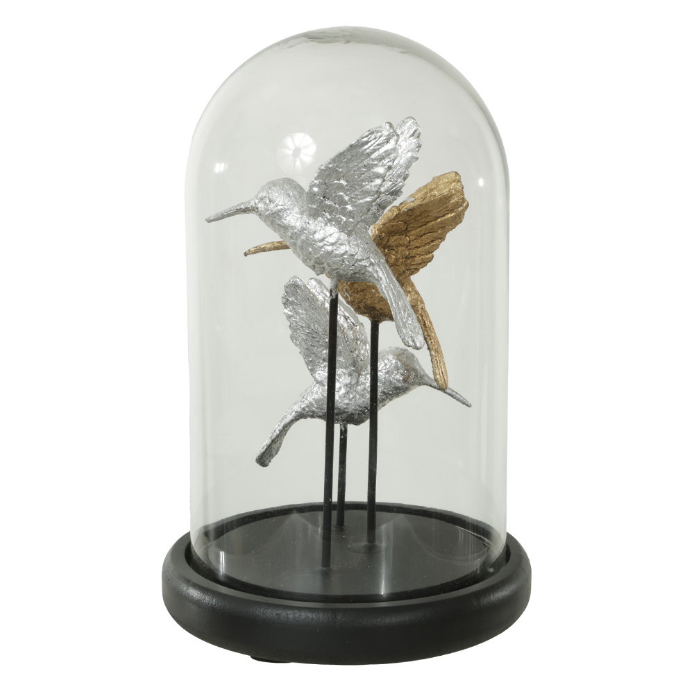 ESCULTURA DECORATIVA VIDRO REDOMA PASSAROS (DOURADO PRATA) 22cm 14d