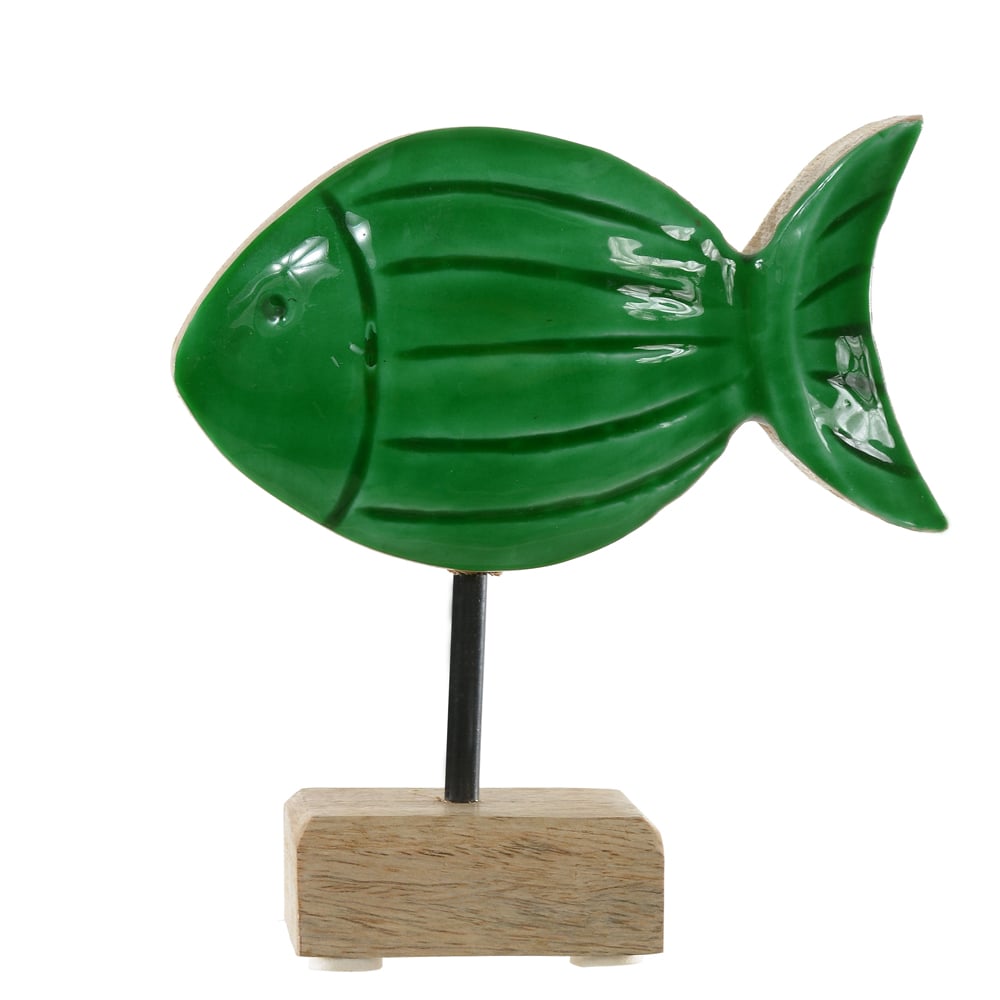 ESCULTURA DECORATIVA MADEIRA PEIXE (VERDE) 14X13X5cm